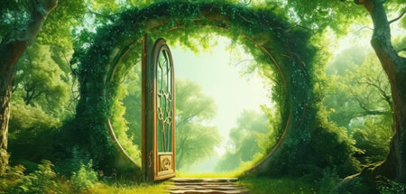 Digital painting of an open door in the middle of a green forestの素材