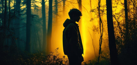Young man standing in the middle of a foggy forest at sunsetの素材