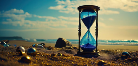 Hourglass on the sand. Sandglass on the beach. Time conceptの素材