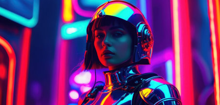 Cyborg woman portrait in futuristic cyberpunk style with colorful neon lights.の素材