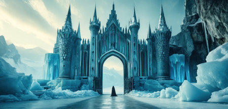 Fantasy scene with fantasy castle and frozen lake. 3d renderingの素材