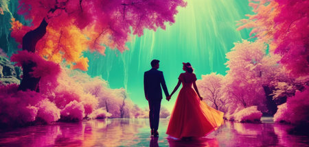 Romantic couple in love on the background of a beautiful lake.の素材