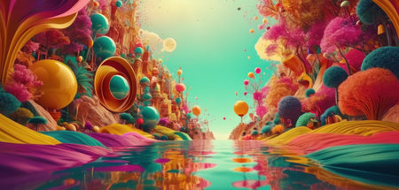 3d illustration of fantasy landscape with planets, stars and water.の素材