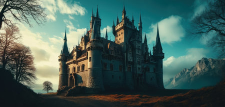 Beautiful fantasy castle with blue sky and clouds. 3d renderingの素材