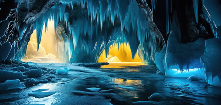 Ice cave with blue and yellow light in winter. 3d renderingの素材