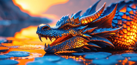 Dragon statue on the ground in the evening. 3d rendering.の素材