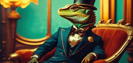 Lizard in a suit and a bow tie sits in an armchairの素材
