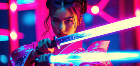 Portrait of a beautiful asian woman with sword in her hands.の素材