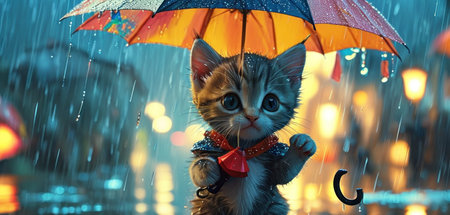 Cute kitten with umbrella and rain in the city at night.の素材