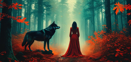 A woman in a red dress and a wolf in the forest.の素材
