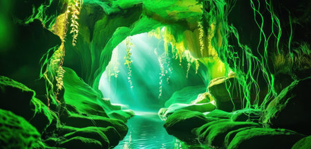 Fantasy green cave with crystal clear water. 3D Renderingの素材