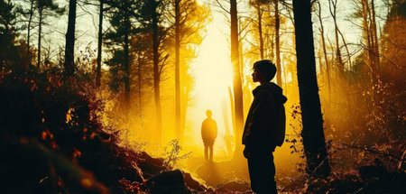 Man in the forest at sunset. The concept of travel and adventureの素材