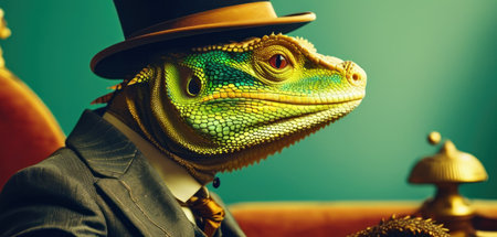 Portrait of a bearded chameleon in a top hat.の素材