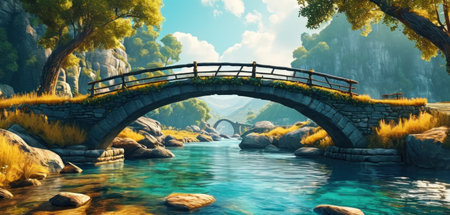 Bridge over the river in the mountains. 3d render illustration.の素材