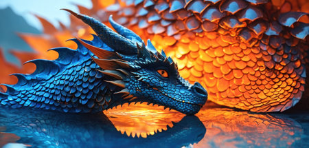 Dragon statue on the fire background. 3d illustration of a fantasy dragon.の素材