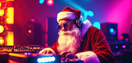 christmas, holidays and people concept - close up of santa claus in headphones playing music at nightclubの素材
