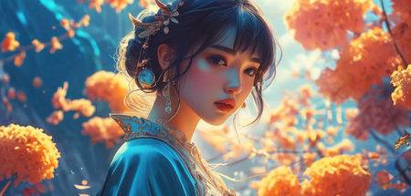 Fantasy portrait of a beautiful asian woman with flowers in her hairの素材