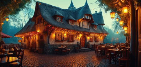 Fairy-tale cafe in the fog. 3d rendering.の素材