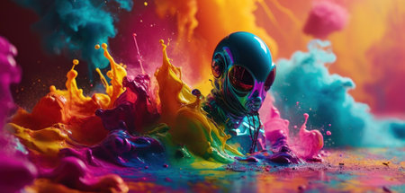3d illustration of an alien in a colorful paint explosion. Fantasy.の素材