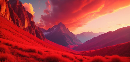 colorful fantasy landscape with mountains and red grass - 3d renderの素材