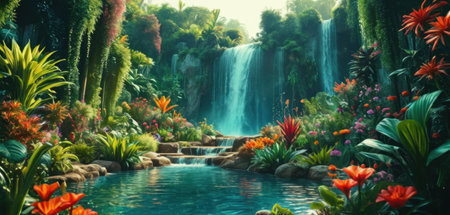 Tropical garden with waterfall and flowers. Nature landscape background.の素材