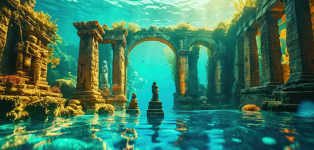 Ancient temple in underwater world. 3d rendering. Computer digital drawing.の素材