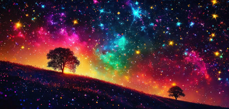 Fantasy landscape with tree and starry sky. Elements of this image furnished by NASAの素材