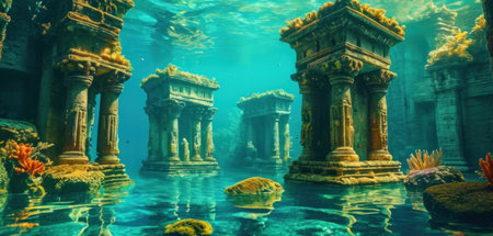 Underwater view of the ancient temple in the deep sea. Underwater world.の素材