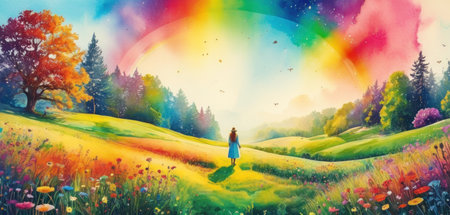 Girl on the meadow with colorful flowers and rainbow in the skyの素材