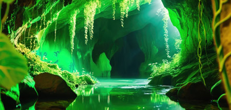 Beautiful green light in the dark cave of khao kho.の素材