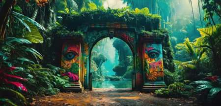 Fantasy scene in the jungle with gate and entrance to the forestの素材