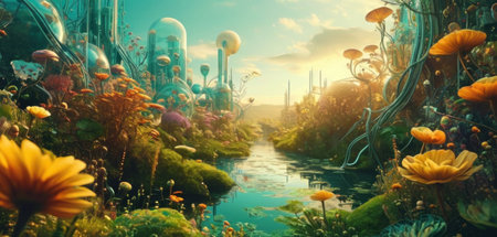 Beautiful fantasy landscape with river and flowers. 3d illustration.の素材