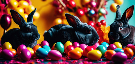 Easter bunnies and colorful eggs on a dark background.の素材