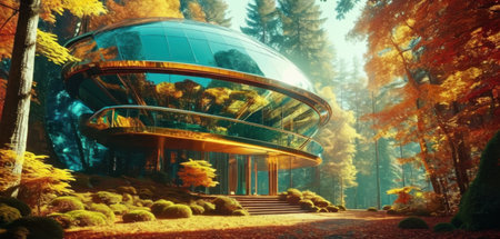 3D render of a modern futuristic building surrounded by autumn trees.の素材
