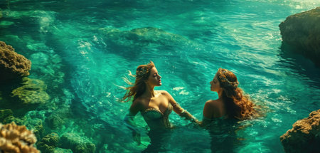Two beautiful girls swim in the turquoise water of the sea.の素材