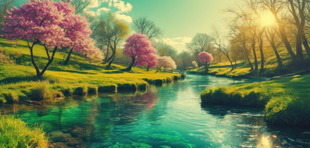 Beautiful spring landscape with blooming sakura trees and river.の素材