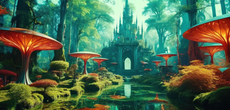 Fantasy fantasy landscape with fantasy castles and pond. Digital painting.の素材