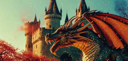 Fantasy dragon in front of the castle. 3D illustration.の素材