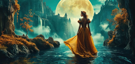 3D illustration of a witch in front of a waterfall with full moonの素材