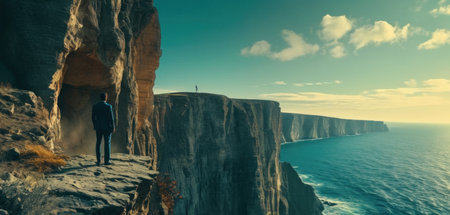 Man standing on edge of cliff and looking at the sea. 3D Renderingの素材