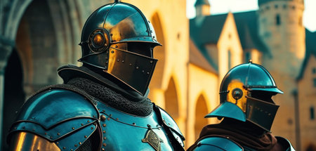 Knight in medieval armor on the background of the castle. Medieval period.の素材