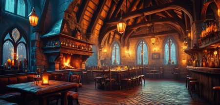 Interior of a medieval pub with tables and chairs. 3D renderingの素材