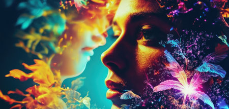 Double exposure portrait of a beautiful woman with colorful leaves. Beauty, fashion.の素材