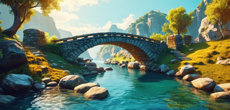 Stone bridge over the river, 3d render. Computer digital drawing.の素材