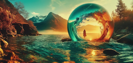 Fantasy landscape with lake, mountain and reflection in crystal ball.の素材