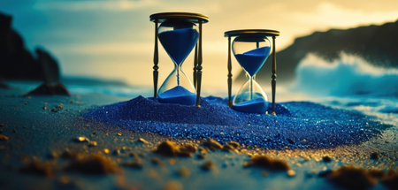 Time concept. Blue hourglass on sand beach. Sand running through the sand.の素材