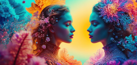 Beautiful young woman with fantasy make-up and flowers in her hair.の素材