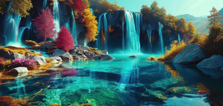 Beautiful autumn forest landscape with waterfall and lake. 3d renderingの素材