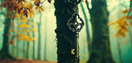 Vintage metal key on a tree in the autumn forest. Retro style.の素材