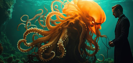 Big octopus in the sea. Underwater world. 3d renderingの素材